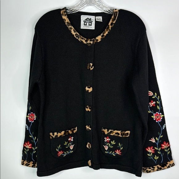 Vintage Storybook Knits Floral Leopard Print Button Sweater Large - Picture 1 of 8
